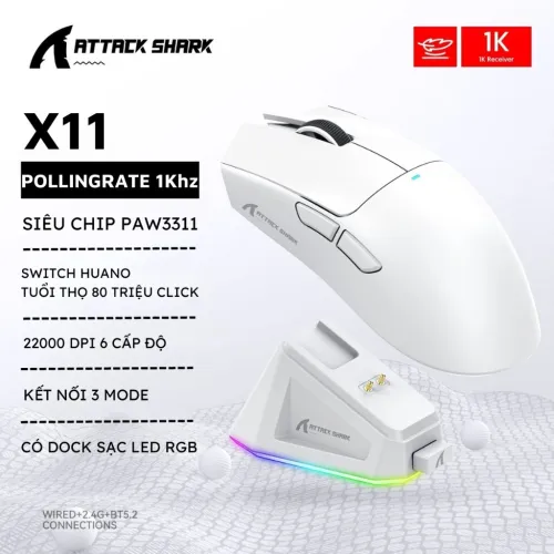 Attack Shark X11 Mouse Three Mode Bluetooth Wireless With Charger Base Rgb Ergonomics Mouse