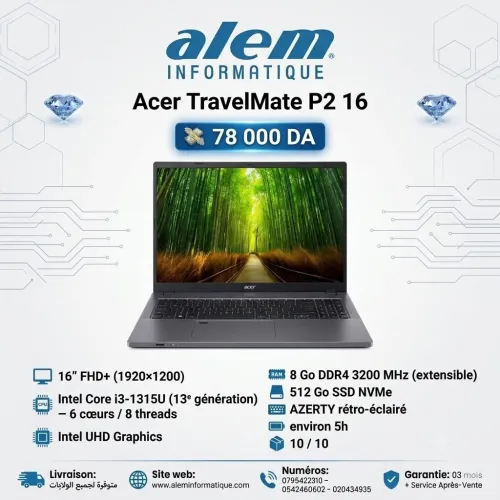 Acer TravelMate P2 16 / i3-1315U / 8 Go / 512 Go SSD / 16 FHD+