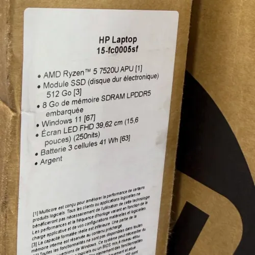 HP Laptop 15-fc0005sf / Ryzen 5 7520U / 8Go / 512Go SSD / 15.6 FHD