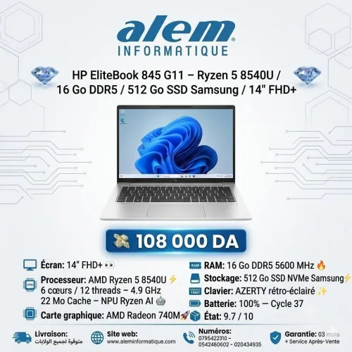 HP EliteBook 845 G11 / Ryzen 5 8540U / 16 Go DDR5 / 512 Go SSD Samsung / 14 FHD+