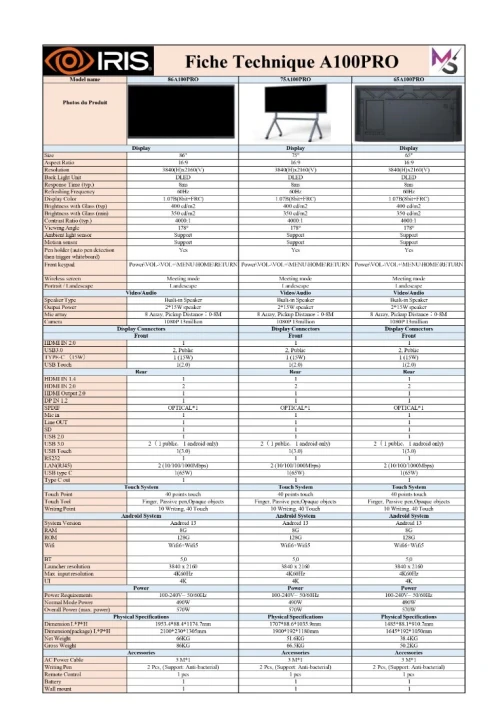 ECRAN TACTILE INTERACTIF IRIS A100 (65" 75" 86" 98")