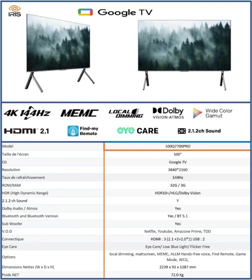 GAMING TV IRIS QLED Q7700 PRO GOOGLE TV UHD 4K 144Hz Matte (55"/65")