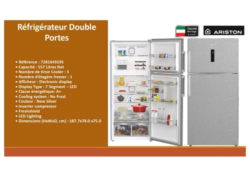 ARISTON REFRIGERATEUR 2 PORTES 557LITRES NOFROST INVERTER INOX