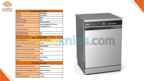  IRIS LAVE VAISSELLE IDW13AB-S 13 COUVERT (BLANC/NOIR/INOX)