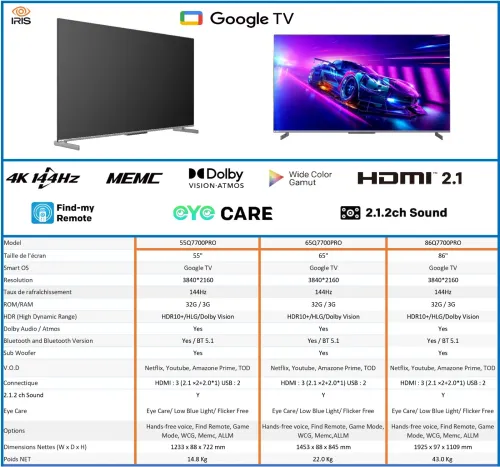 GAMING TV IRIS QLED Q7700 PRO GOOGLE TV UHD 4K 144Hz Matte (55"/65")