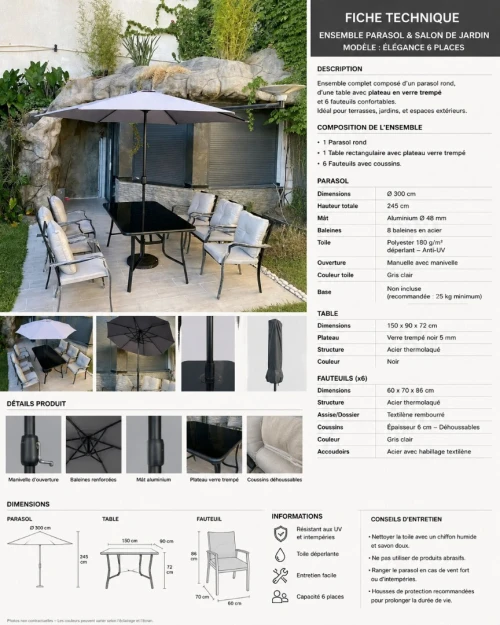 table jardin 06 chaises en aluminuim importation