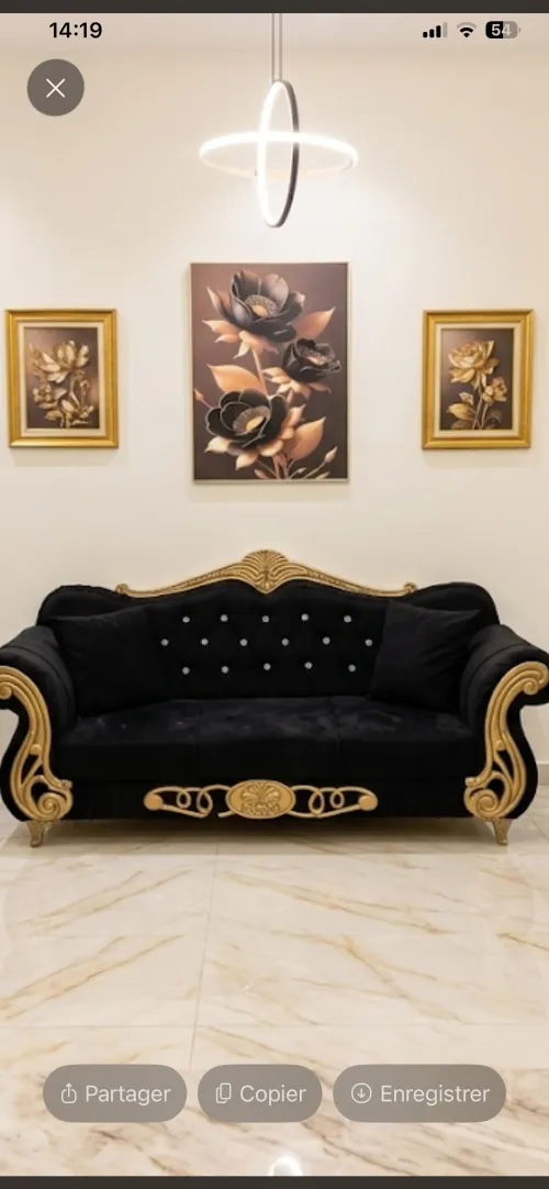 Salon noir et doré 3+2+1+1 avec tabourets à vendre