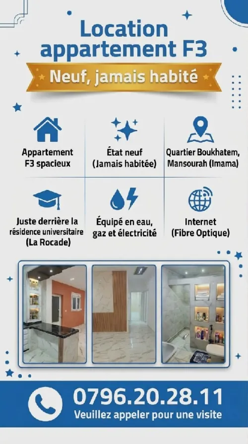 Location Appartement Niveau de villa F3 Tlemcen Mansourah