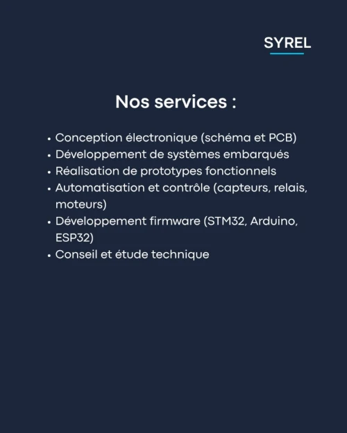 Conception électronique (schéma et PCB) Développement de systèmes embarqués Réalisation de prototypes fonctionnels