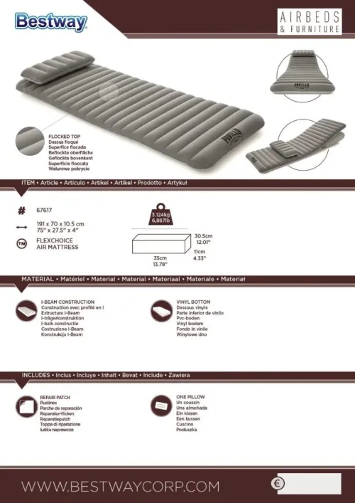 Matelas Gonflable Multifonction 1 Place Avec 2 Oreillers Bestway Pavillo 67617