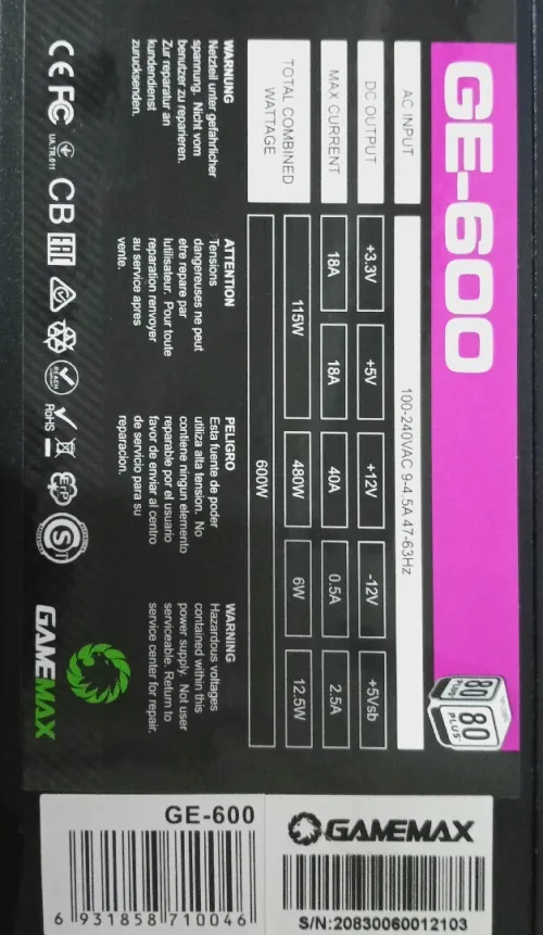 PSU alimentation Gamemax 600W