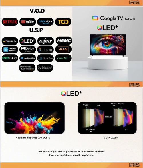 TV IRIS 55" QLED+ Q7020 GOOGLE TV 120 HZ 4K UHD SMART ANDROID 55 POUCES