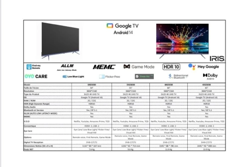 TV IRIS 50" G5030 GOOGLE TV 4K UHD SMART ANDROID 50 POUCES