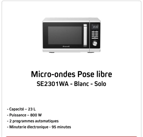 Micro-onde Brandt 23L blanc garantie 2 ans