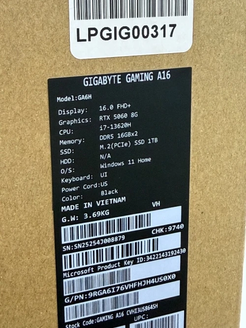 GIGABYTE A16 GAMING I7H/13TH/32GO DDR5/1TB SSD NVME/NVIDIA RTX 5060 08GO