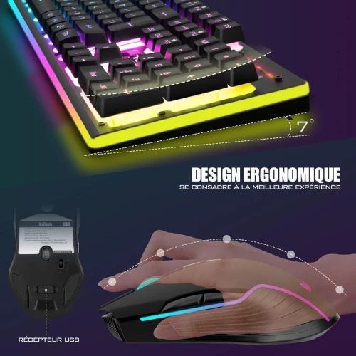 RedThunder K10 Clavier ET Souris Gaming sans Fil, AZERTY, RGB, Rechargeables,  Souris 7D  3200DPI 