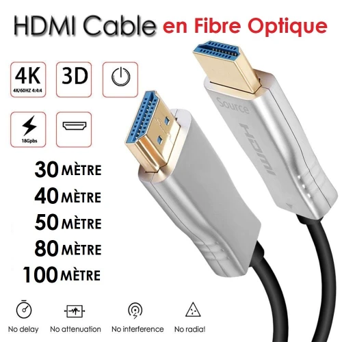 CABLE HDMI 4K 2.0 FIBRE OPTIQUE 10Metre 15M/20M/30M/40M/50M/70M/80M/100M