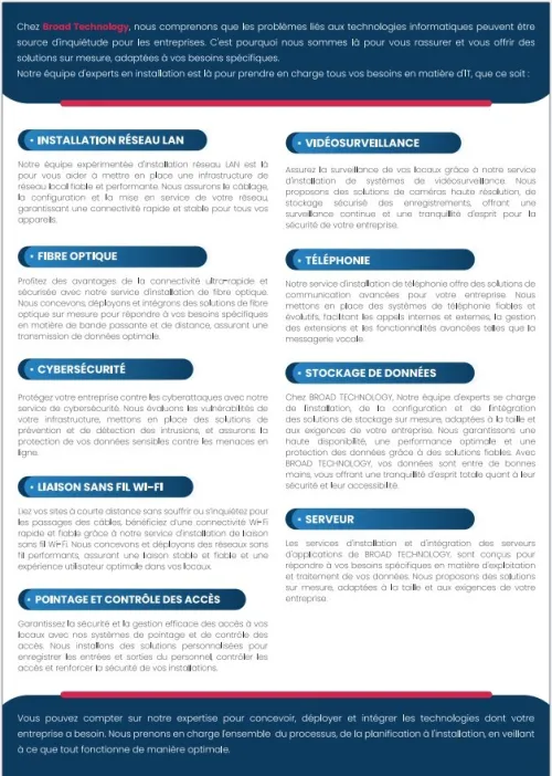 Service d'installation et intégration des solutions des solution informatique et sécurité pour les entreprises