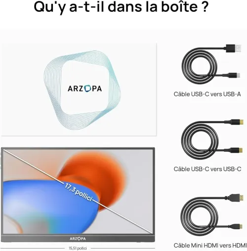 VENDU - ARZOPA Grand Moniteur Portable 17,3, IPS LED, 3ms, FHD, 60Hz, Compatible PC, PS5, SMARTPHONE