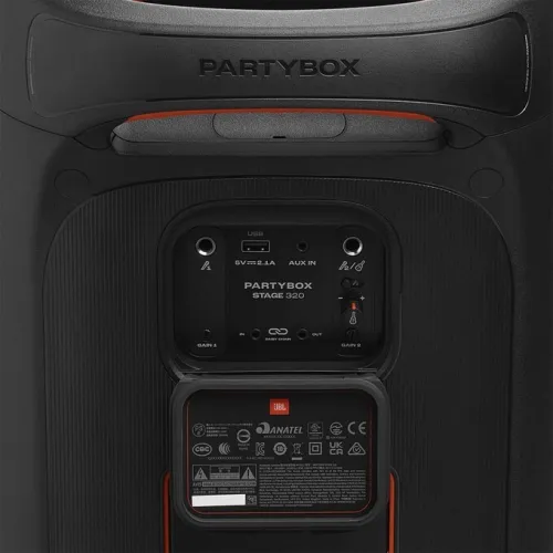 JBL PARTYBOX STAGE 320, Enceinte Bluetooth, 240 W - Batterie intégrée - Effets lumineux - Prises micro/guitare - Bluetooth 5.4/USB/AUX - IPX4 - Poignée trolley + roulettes