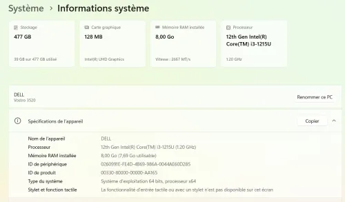 Dell Vostro i3 12th Gen / 8GB RAM / 512GB SSD - Très peu utilisé