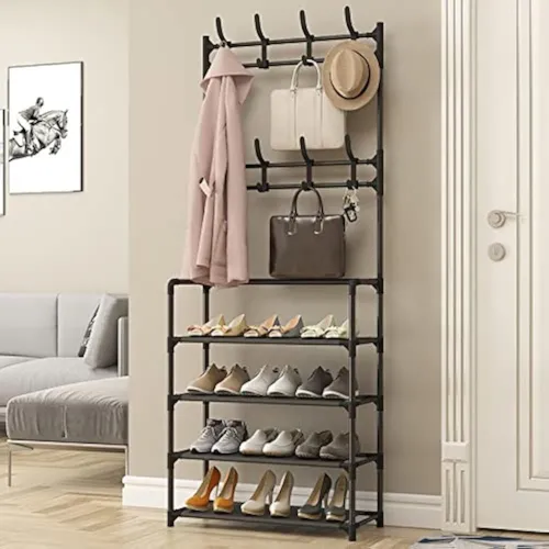 Étagère De Chaussures et Porte-manteau 4 Étages en acier avec crochets