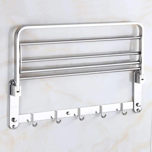 Étagère Murale pour Serviettes Pliable, Inox Durable et Crochets Pratiques
