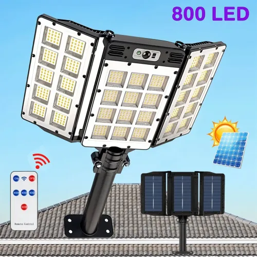 Projecteur Solaire Extérieur 800 LED  Super Lumineux, 3 Panneaux et Télécommande