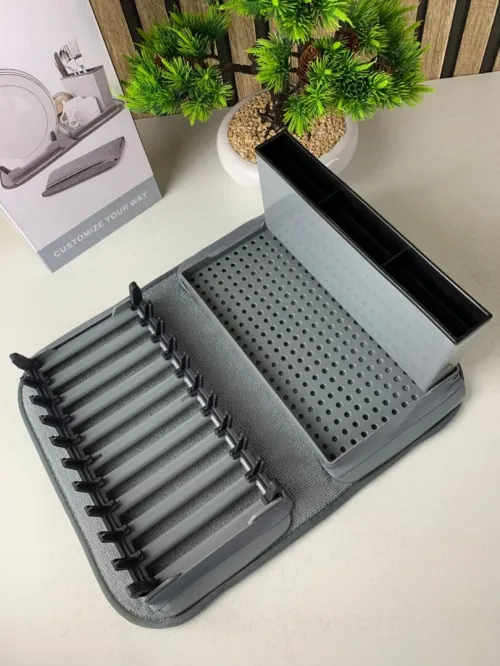 Égouttoir de Cuisine Compact et Pliable avec Tapis Enroulable et porte cuillère