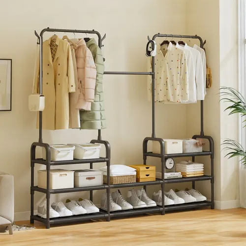 Porte-Manteau Métallique avec Étagère à Chaussures Organisateur 2 en 1