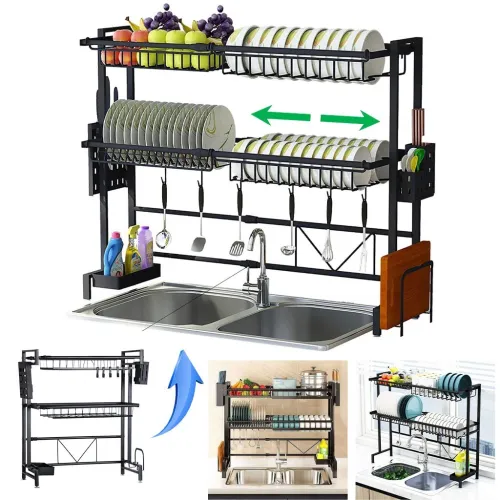 Égouttoir Multifonction Extensible 2 Niveaux  Grande Capacité pour Assiettes, Verres et Couverts