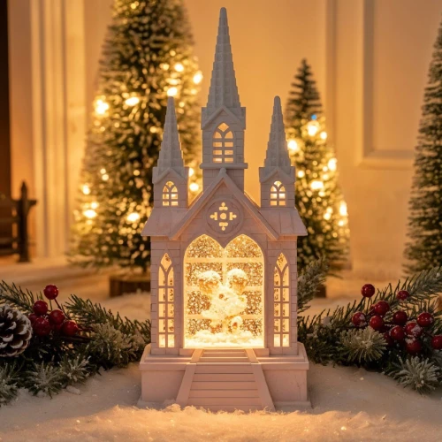 Château Décoratif à Neige Tourbillonnante avec Lumières LED