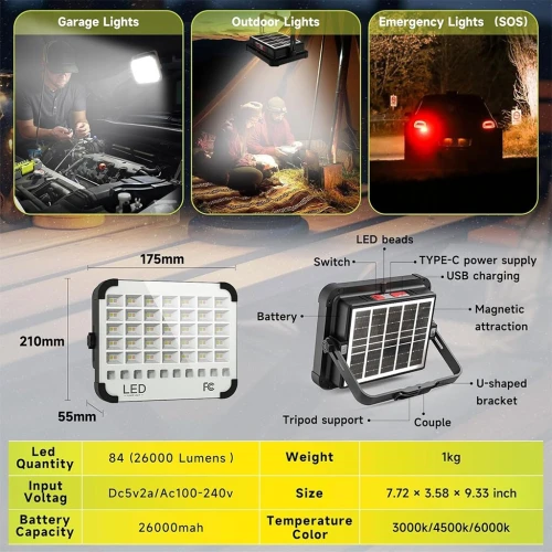 Lampe Solaire Rechargeable LED 300 W Portable et Magnétique 26000LM مصباح محمول قابل للشحن 