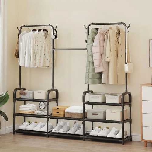 Meuble 2-en-1 Porte-Manteau et Rangement Chaussures en Métal