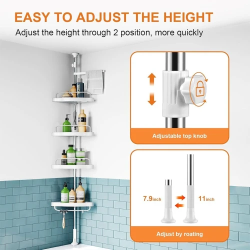 Support de Douche en Coin - Étagère Réglable 260 cm avec 4 Plateaux