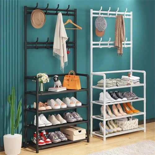 Étagère De Chaussures et Porte-manteau 4 Étages en acier avec crochets