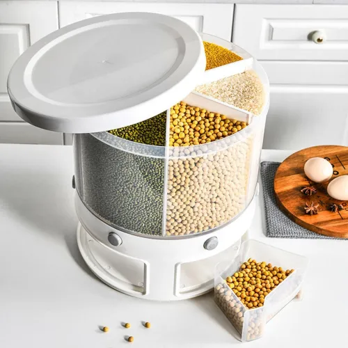 Distributeur de nourriture, récipient de stockage de céréales rotatif 360 degrés