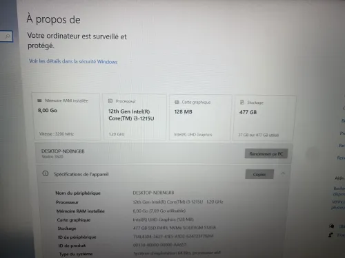 Dell vostro I3 12eme/8go/512ssd
