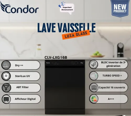 LAVE VAISSELLE CONDOR LUXA 16 COUVERTS SMART INVERTER OUVERTURE AUTOMATIQUE EN INOX NOIR ET NOIR GLASS AUTODOSE