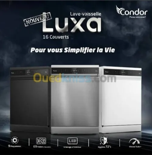 LAVE VAISSELLE CONDOR LUXA 16 COUVERTS SMART INVERTER OUVERTURE AUTOMATIQUE EN INOX NOIR ET NOIR GLASS AUTODOSE