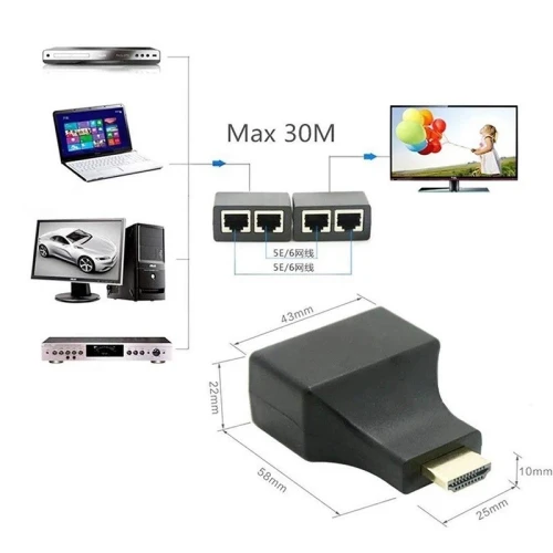 Répéteur Extension HDMI Extender 1080P 3D double RJ45 CAT5E CAT6 LAN Ethernet 30m