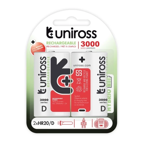 Pile Rechargeable AA AAA 18650 9V PP3 ER34615 D HR20 ER14505 UNIROSS HYBRIO pre-charged