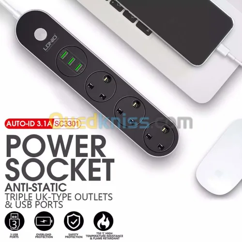 Multiprise Rallonge LDNIO SC3301 3 Prise + 3 USB 5V 3.1A 2500W 1.6m