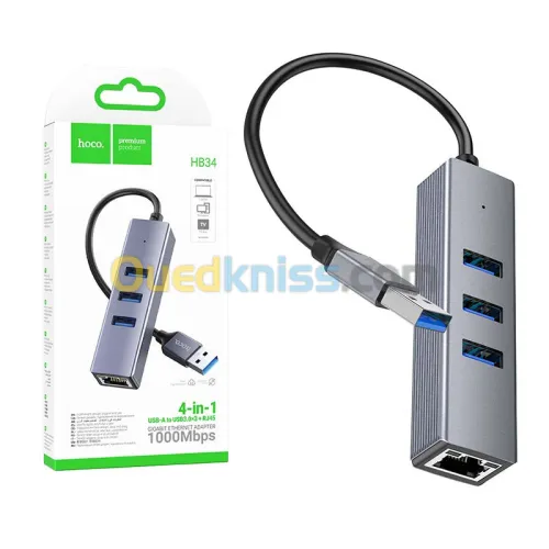 Adaptateur HUB 4 en 1 USB 3.0 to RJ45 Gigabit Ethernet 1000mbps + 3 x USB 3.0 HOCO HB34
