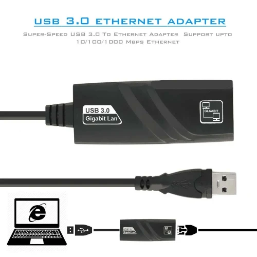 Adaptateur Carte réseau USB 3.0 vers Gigabit Ethernet RJ45 LAN 1000mbps pour ordinateur PC TV Box