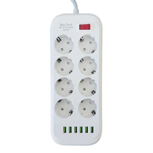Multiprise Rallonge MT-PF18 8 Prise AC 2500W avec interrupteur + Chargeur 6 x USB 5V 2m