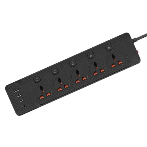 Multiprise Rallonge universelle 5 Prise AC 2500W avec interrupteur + Chargeur 3 x USB + USB-C 2m MT-PF12