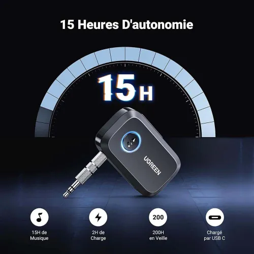 Récepteur Bluetooth 5.3 AUX 3.5mm UGREEN pour Voiture, haut-parleurs, Audio, mains libres