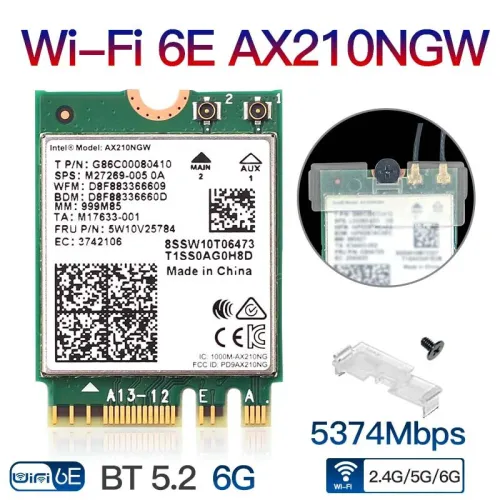 Carte Adaptateur sans fil M.2 WiFi 6E Intel AX210NGW Bluetooth 5.2 2.4G/5G/6GHz 802.11AX avec Antenne 10dbi