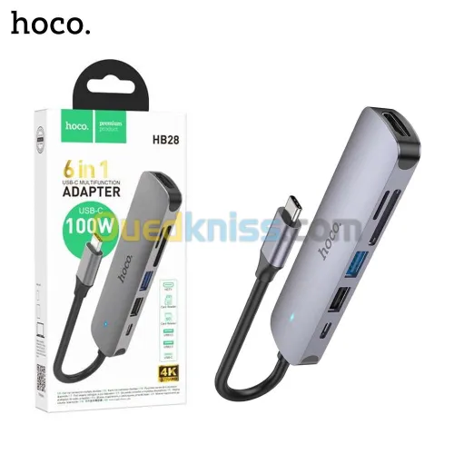 HUB Adaptateur 6 en 1 HOCO HB28 Type-c vers HDMI 4K + PD 100W USB-C + USB 3.0 + USB 2.0 + TF / SD